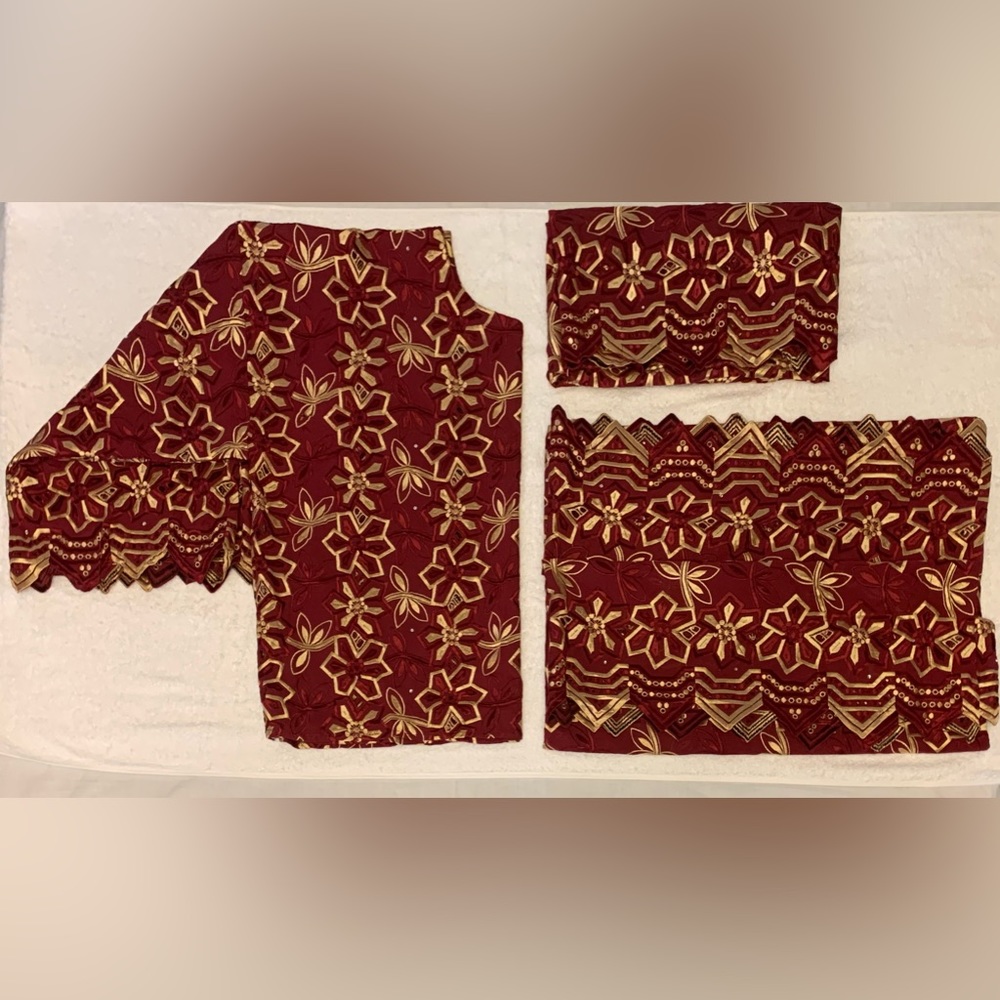 African Women’s 3 Piece Burgundy & Gold Sequin Floral Stud Detailed Lace Set